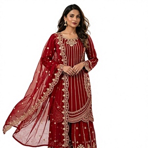 Red Embroidered Floor-Length <b>Kurta</b> Set With Dupatta Women Traditional Ethnic <b>Indian</b> Pakistani Wedding Wear - Product Image 1