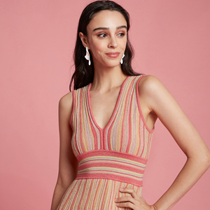 Cao cấp thiết kế đặc biệt thanh lịch sáng bóng <span class=keywords><strong>lurex</strong></span> V cổ không tay sọc xếp li đan phụ nữ áo len váy dệt kim quần áo - Product Image 4