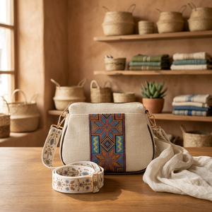 Sac bandoulière de luxe personnalisé Jaipur en raphia tressé brodé géométrique avec large sangle de guitare, sac à main de villégiature pour femme - Product Image 4