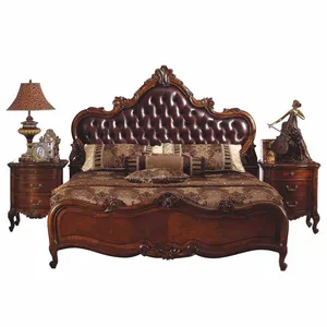 豪华木框架结构和皮革饰面双人床与雕刻卧室家具套装B-268