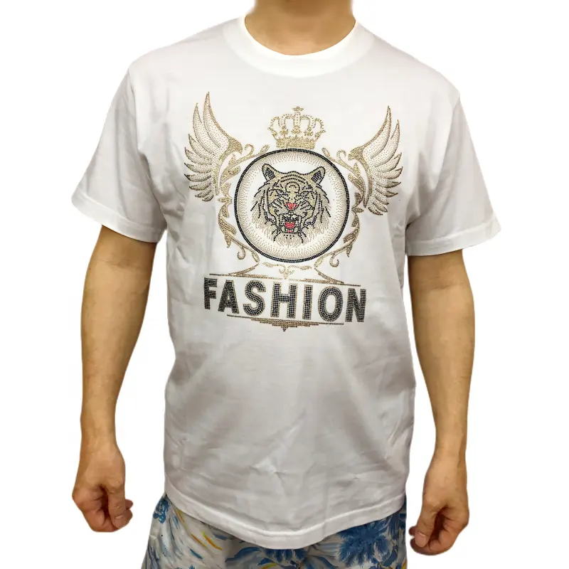 Custom Men Short Sleeve T-shirt Rhinestone Print Plus Size Knitted Graphic Pattern In White