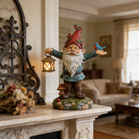 Statue de gnome de jardin extérieur avec lanterne solaire, figurine de nain en résine imperméable avec oiseaux pour décorations de patio, de cour et de pelouse