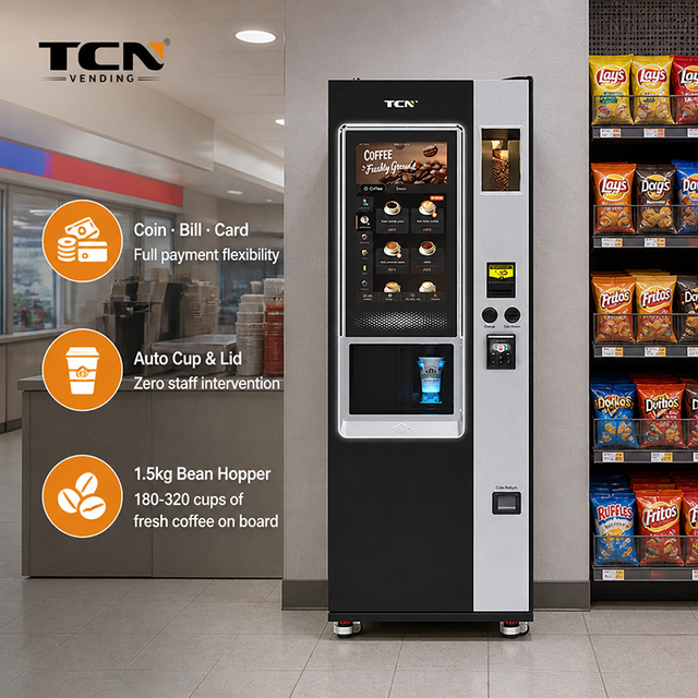 TCN Automatic Commercial Coffee Tea Vending Machine 45 Seconds Fast Brewing Banknote Coin Card Payment Bean to Cup Espresso Make