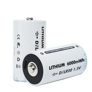 新趋势可充电电池D尺寸LR20 6000mWh 1.5v锂离子电池，带手电筒用C型USB充电端口