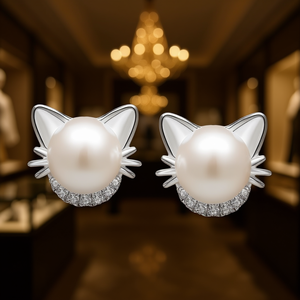 Orecchini a perno con gattino e perla bianca finta, in argento 925 placcato rodio, per donna, da indossare tutti i giorni - Product Image 2