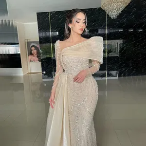 Luxury Nude Crystal Mermaid Evening Dress with Overskirt Long Sleeves Dubai Arabic Wedding Formal Prom Gowns