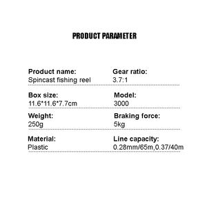 Carrete de Pesca Giratorio para Mano Derecha, Modelo 3000, 2 Colores, Relación de Engranajes 3.7:1, Plástico, Arrastre Máximo de 5 kg, Doble Agarre para Río y Lago - Product Image 6