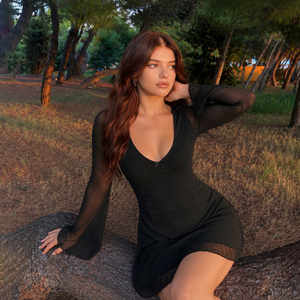 Vestido Mini Negro Sexy para Mujer, Cuello en V Profundo, Manga Larga, Transparente, para Fiesta, Club, Salida Nocturna, Estilo Bodycon - Product Image 1