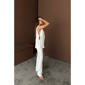 Conjunto de Lino Blanco para Mujer, Chaleco con Cuello y Estampado de Conchas de Almeja y Pantalones, Elegante y con Estilo - Product Image 3