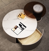 Table basse en roche pour salon avec meuble TV simple, combinaison table basse et meuble TV, table basse ronde en roche couleur crème