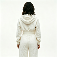 Ensemble deux pièces pour femme : sweat à capuche zippé blanc texturé et pantalon large, coupe décontractée, motif gaufré, tenue de détente, survêtement