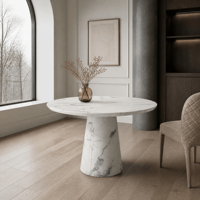 Table à manger ronde moderne en pierre, piétement unique, finition mate, 4 places, personnalisable, durable et facile à nettoyer pour les salles à manger d'hôtel