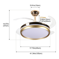Ventilateur de plafond LED moderne OEM/ODM de 42 pouces en fer doré et acrylique avec télécommande pour l'éclairage de chambre à coucher