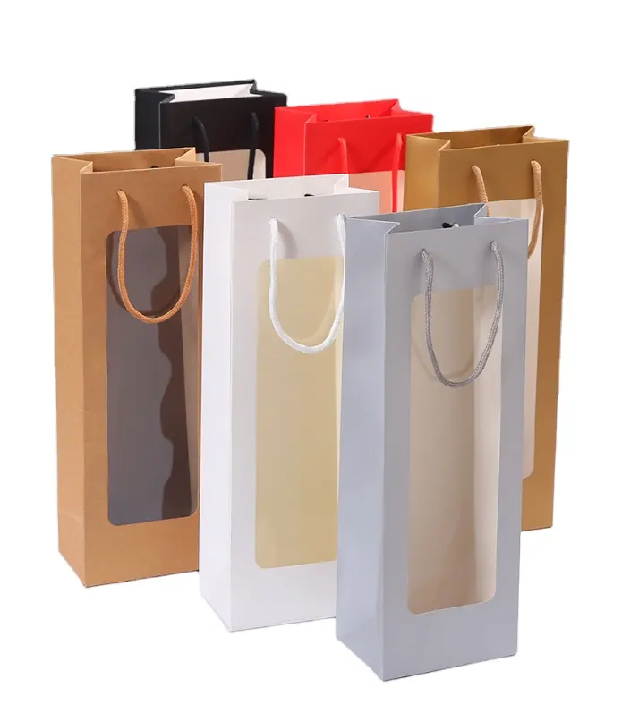 Cardboard Wine Gift Bag Diy Plain Kraft Paper Tote Bags Flower Gift Packaging Bag With Clear Window