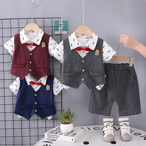 Nouvelle tenue d'été décontractée trois pièces pour garçons YouYue 2025, style britannique, en coton/soie peignée, pour 1-5 ans, comprenant gilet, chemise et short - Product Image 1