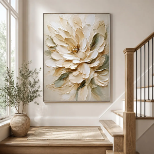Pintura al Óleo Floral Blanca Personalizada, Arte Mural <span class=keywords><strong>de</strong></span> <span class=keywords><strong>Flores</strong></span> Impasto en Tonos Neutros, Lienzo Botánico Texturizado Grande <span class=keywords><strong>para</strong></span> Decoración <span class=keywords><strong>de</strong></span> <span class=keywords><strong>Sala</strong></span> <span class=keywords><strong>de</strong></span> Estar y Dormitorio - Product Image 1