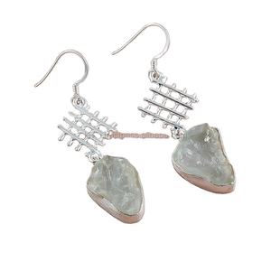 Handmade 925 Sterling <b>Silver</b> <b>Drop</b> <b>Earrings</b> Natural Aquamarine Rough Gemstone Custom Jewelry for Party Occasions - Product Image 1
