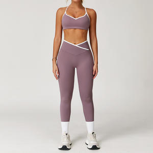 Set <span class=keywords><strong>2</strong></span> potong untuk kebugaran Gym wanita, Set Bra pendek kerah V pengangkat bokong dua potong, Set Legging Yoga cepat kering untuk wanita - Product Image 4