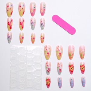 Faux <span class=keywords><strong>ongles</strong></span> à presser floraux <span class=keywords><strong>pastel</strong></span> - <span class=keywords><strong>Ongles</strong></span> nude ombrés en amande avec motifs de fleurs <span class=keywords><strong>et</strong></span> de feuilles dessinés à la main, manucure quotidienne printanière - Product Image 4