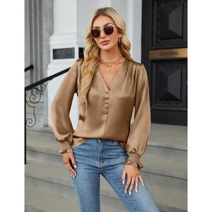 Women's Satin Long Sleeve <b>Blouse</b> V Neck Button Down Elegant Business Casual Top - Product Image 4