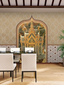 วอลเปเปอร์ลายผ้าสไตล์เอเชียตะวันออกเฉียงใต้ สำหรับตกแต่งผนังร้านอาหารไทย ศูนย์สุขภาพนวดแผนไทย ร้านอาหารไทย - Product Image 4
