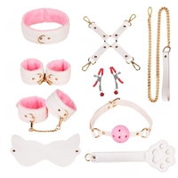 Ensemble de 9 pièces en peluche pour chat, en PU blanc et rose, jouets sexuels, kits de bondage SM, restraints BDSM pour débutants, pour jeu de rôle en couple adulte