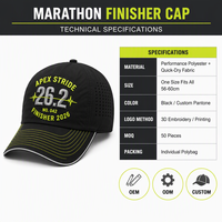 Casquette de finisseur de marathon personnalisée OEM, broderie 3D, perforations laser, réglable, commémorative, en sergé 100% coton, vente en gros