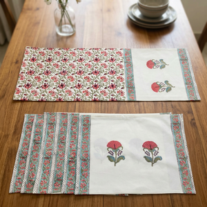 Ensemble chemin de table et tapis à motifs floraux imprimés à la main |   7 pièces de décoration de table en tissu 100% coton pour la maison et la salle à manger - Product Image 3