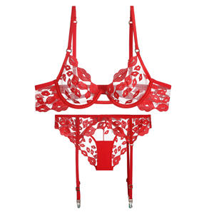 Ensemble de lingerie 3 pièces en maille transparente avec broderie lèvres rouges, soutien-gorge à armatures sexy et string, avec <span class=keywords><strong>porte</strong></span>-jarretelles, sous-vêtements élégants motif lèvres rouges - Product Image 2