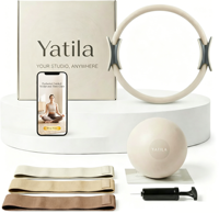 Kit d'entraînement à domicile personnalisé beige avec anneau de Pilates, mini-ballon et 3 bandes de résistance pour les fessiers – Kit essentiel de Pilates pour femmes, idéal pour la gym et le fitness