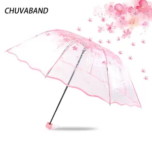 CHUVABAND 8K 3 तह महिलाओं के लिए पारदर्शी छाते पुस्तिका खुला सनी बरसात छाता छत्र गुलाबी फूल पैटर्न छत्र