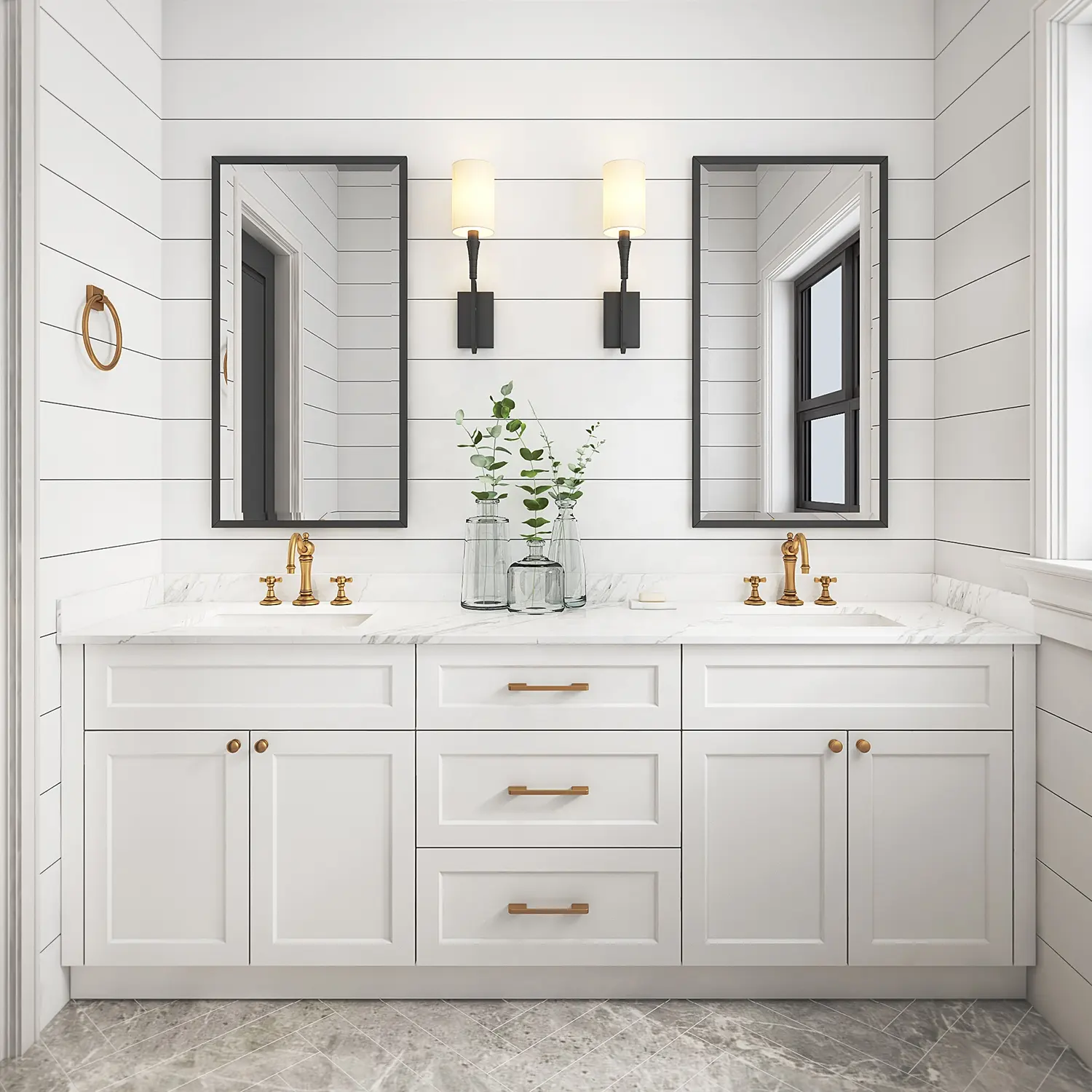 PA furniture luxury double basin vanity sink PVC storage bathroom cabinet