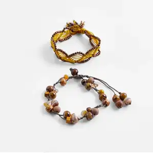 2021 Summer Vintage Wood Beaded Braided Drawstring ZA Bracelet Set for Women Boho Colorful Stone Shell Bracelet Jewelry