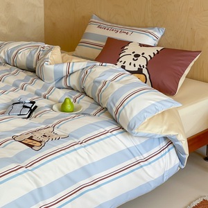 Parure de lit 4 pièces en coton 100% à rayures motif chien de dessin animé, douce et respirante, en coton à fibres longues, <span class=keywords><strong>pour</strong></span> filles - Product Image 4