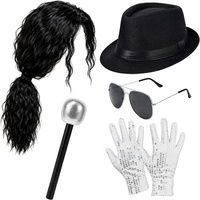 Kit de Costume de Star Pop des Années 70 et 80 en Polyester, Comprend Perruque, Chapeau, Gants, Lunettes de Soleil, Microphone, Accessoires de Costume Unisexe pour Adultes