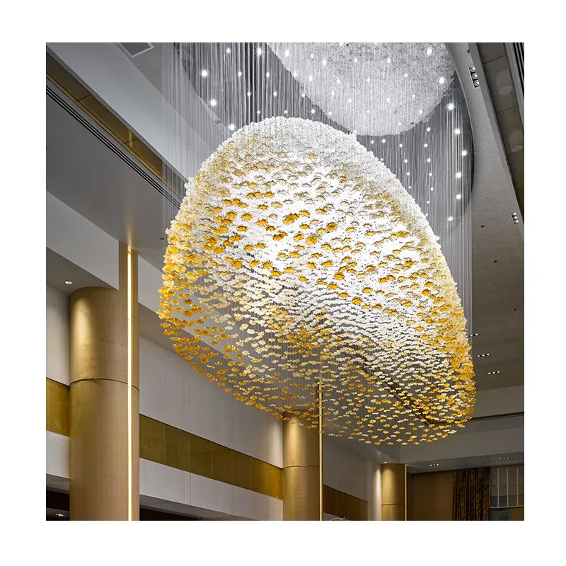 Customized modern large LED lighting decoration with high ceiling glass flower hanging chandeliers for hotel lobbies