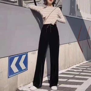 Spring Autumn Women <strong>Velvet</strong> Pants High Waist Loose Wide Leg <strong>Trousers</strong> Soft Smooth <strong>Lady</strong> Casual Long Pants - Product Image 3
