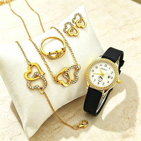 Ensemble de montres pour femmes 5 en 1, montre-bracelet à quartz avec calendrier, bracelet en strass en forme de cœur, collier, bague, boucles d'oreilles, vente en gros