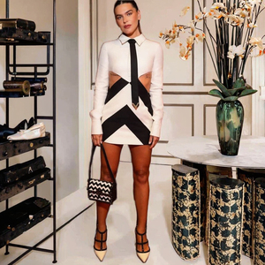 Rayon 2025 kadın kulübü parti önlük kokteyl elbiseleri Mini uzunluk uzun kollu Bodycon beyaz/siyah renk kravat-hollow kontrast - Product Image 2