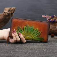 Dompet Pendek Unisex Kulit Asli Retro Flowers dengan Ritsleting, Lapisan Poliester, Gaya Bohemian