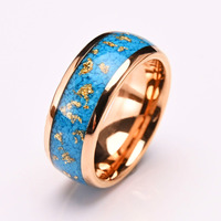 8mm Hommes Tungstène Anneaux Incrustation Bleu Faux Turquoise Pierre et Feuille D'or Anneaux pour Hommes Femmes Mariage Fiançailles Bande Bijoux Cadeau