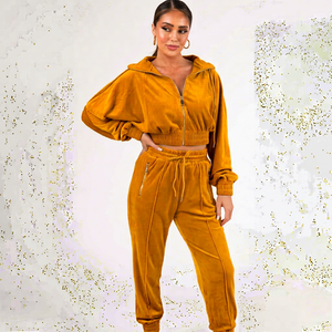 Ensemble de survêtement en velours pour femme, automne-hiver, manches longues, pantalon de survêtement jaune avec fermeture éclair, jogging en velours pour femme, vente en gros - Product Image 1