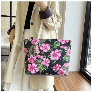 Nueva llegada: Bolsa de compras de lona de gran capacidad con estampado floral de moda, personalizada al por mayor, con asa de cuerda larga. - Product Image 6