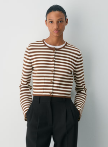 Cardigan rayé à col rond et boutons sur le devant en fil <span class=keywords><strong>Wonder</strong></span> personnalisé, à manches longues, anti-boulochage, résistant aux plis, pull tricoté classique pour le bureau - Product Image 2
