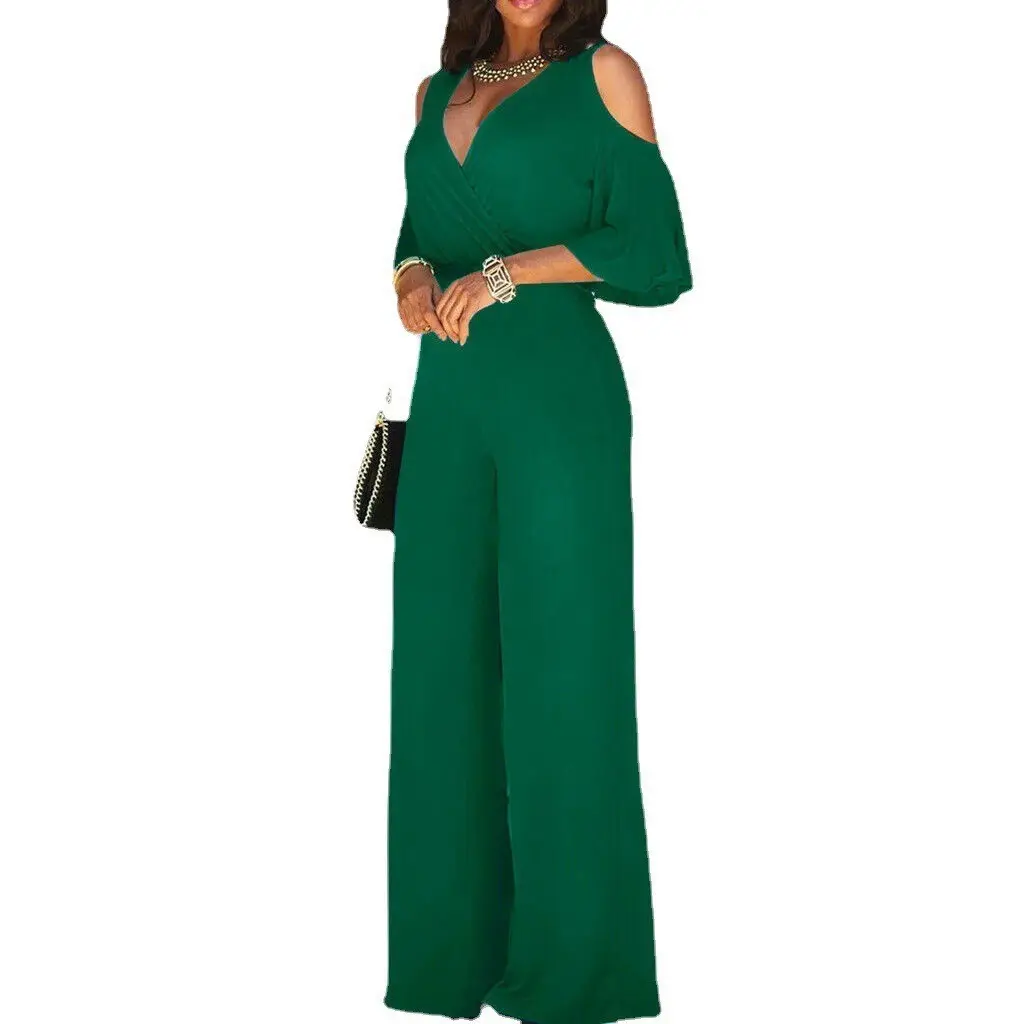2023 Fashion woman's plus size Solid Color V Neck Cut Out Sleeve Design Women Playsuits Wide Leg Pants One Piece Jumpsuit Ladies