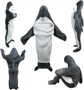 Cobertor de tubarão de desenho animado grande, saco de dormir, pijama para dormir, tubarão do escritório, crianças, adultos, pelúcia, com capuz, tubarões, cosplay