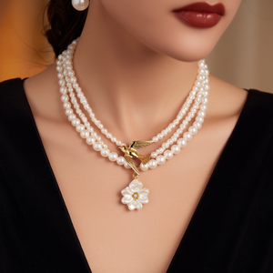 Collar de perlas con colgante de pájaro dorado y dije de flor, perlas blancas de doble hilera para mujer, joyería - Product Image 3