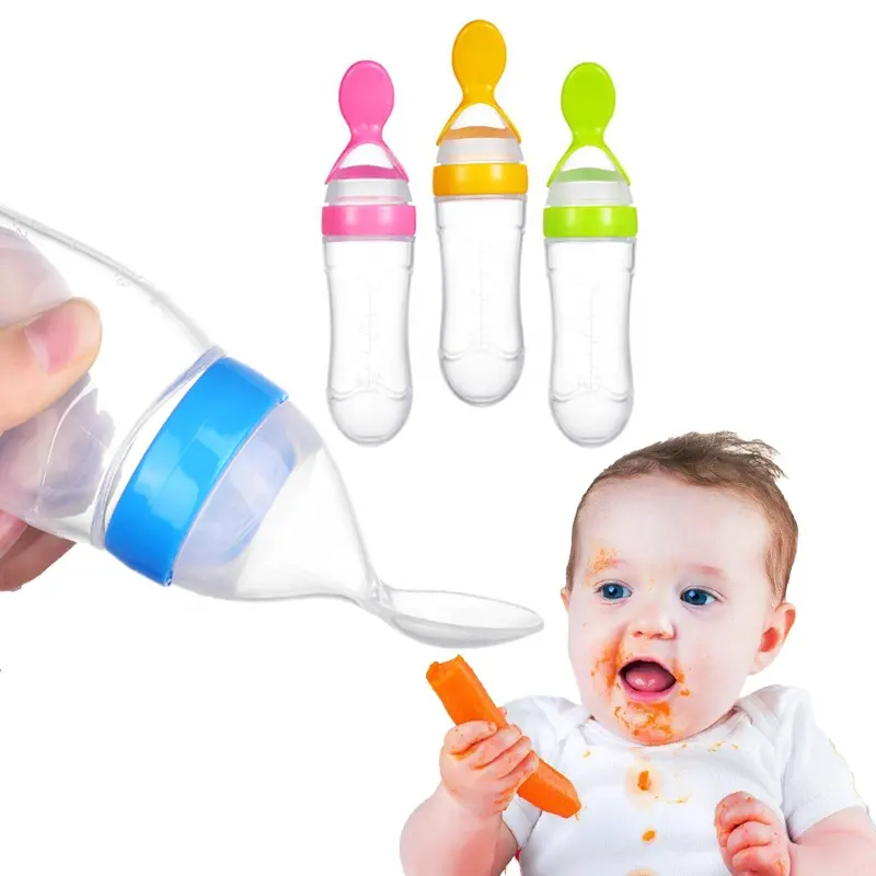 Hot Sale BPA free Silicone Food Feeder Squeeze Spoon Bottle Baby food supplement feeding tool