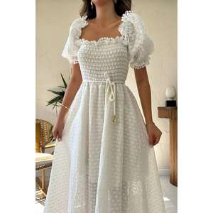 Vestido Blanco Bordado con Corte en A, Cuello Cuadrado, Cintura Natural, Tejido Transpirable, Informal para Uso Diario - Product Image 5