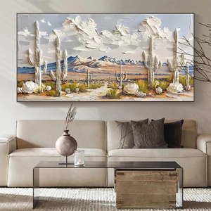 Peinture murale grand format sur toile, paysage de cactus du désert texturé en 3D, peinte à la main, style montagne du Sud-ouest, pour chambre et salon - Product Image 5